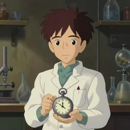 studio ghibli dull colors interior simple portrait cartoon from close encounters of the third kind 1 9 7 7 of a young skinny grey pocketwatch scientist in a laboratory.