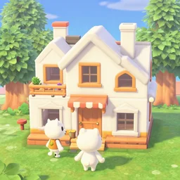 3 d, cute, white, animal crossing style, ecobrutalist, mansion, blender render, 3 d render, unity, nintendo, octane render, high res, outdoor lighting, kawaii house, beautiful, archiving, video game art