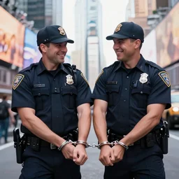 2 police officers handcuffing each other, smiling, time square, 4 k, photography