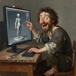 masterpiece painting of a 3d artist happy, crouched and enthusiastic looking at the a computer screen with 3d character Rig, oil on canvas, renaissance