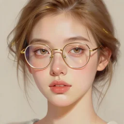 portrait of a beautiful woman with light brown hair in a loose bun, soft pink lips, sparse freckles, rounded face, wearing rounded glasses with gold frames, with sparkling hazel eyes, by Jeremy Mann, stylized, detailed, loose brush strokes, pastel colors, warm tones, touches of gold leaf