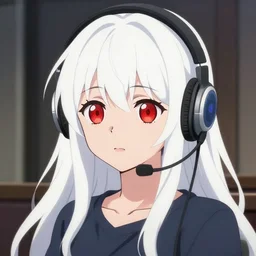 anime portrait of white long haired red eyed young cute girl wearing headset by makoto shinkai