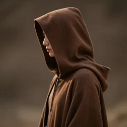 a side profile shot of a hooded figure draped in brown robes, 8k, hyperrealism, cinematic lighting