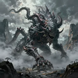 a giant eldritch horror crawling across a misty mountainous landscape, dramatic lighting, illustration by greg rutkowski, yoji shinkawa, 4 k, digital art, concept art, trending on artstation