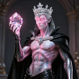 hyper detailed ultra sharp portrait of baroque and bladerunner delicate glowing diamond sculpture of seductive muscular albino young king jose garcia, pink diamond black metallic sphinx iridescent humanoid deity wearing black cloak holding a prismatic gem, glowing pink face, crown of white diamonds, cinematic lighting, photorealistic, octane render 8 k depth of field 3 d