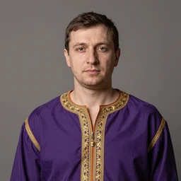 portrait of a simple man, wearing a purple tunic, embroidered with gold, by nikolay makovsky.