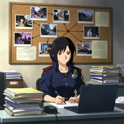 a cinematic shot from the anime film of the ( ( ( ( cyberpunk ) ) ) ) police detective's disorganised desk with stacks of folders and files and the wall with a corkboard of crime connections ( ( ( crimescene photos, cases and notes ) ) ) in her bedroom, in the anime series ergo proxy, by josan gonzalez, artstation