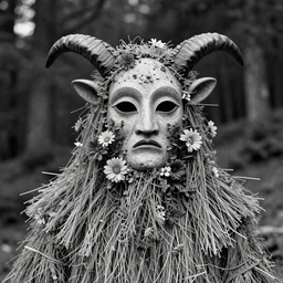 portrait of a tyrolean folklore mask, dolomite, forest, wearing hay coat, with horns, eerie, flowers growing out of his body and face, detailed intricate insanely detailed octane render, 8k artistic 1920s photography, black and white, grainy, photorealistic, chiaroscuro, by David Cronenberg, Raphael, Caravaggio