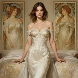 emily ratajkowski, bedroom, intricate clothes, elegant, highly detailed, digital painting, artstation, concept art, smooth, sharp focus, illustration, art by krenz cushart and artem demura and alphonse mucha