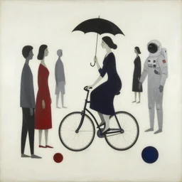 an acryllic painting of a group of strange people, on a pale background, muted palette mostly white, black, gray, dark red, dark blue, figure riding penny farthing, woman in long dresses with parasol, astronaut, objects and shapes are scattered around the composition, minimalistic, mixed media, in the styles of both joan miro and mark rothko