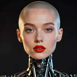 twilight zone episode woman shaved head android bright lipstick wide eyes robot buttons android inlays in skin