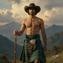 an ethereal dramatic epic beautiful painting of a shirtless handsome desi man | he is wearing a green plaid kilt and cowboy hat, and holding a walking stick | background is mountains and clouds | dramatic lighting, golden hour, homoerotic | by mark maggiori, by walter crane | trending on artstation