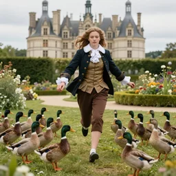 tall polish girl with a 1 6 th century blazer running among a flock of scared ducks in a garden in a french castle. extremely detailed, digital art, vibrant colors, beautiful atmosphere, cinematic view