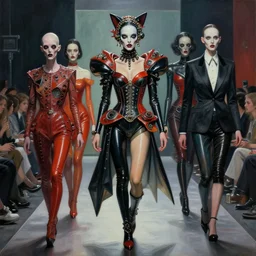 crazy fashion catwalk, latex, constructivism, freak show, one model, crazy clothes, biopunk style, horror, hauntingly surreal, highly detailed painting by francis bacon, edward hopper, adrian ghenie, gerhard richter, and james jean 4 k
