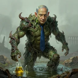 benjamin netanyahu as a fantasy swamp monster poltergeist, oil, by gerald brom and wayne barlowe