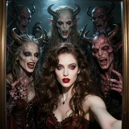 photo booth selfie, inhuman grotesque lovecraftian god monsters and cenobite demon people