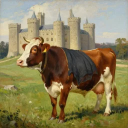 painting by zorn, cow, dressed, anthropomorphic!!, wearing!!! clothes!!!, standing next to royal castle!!!