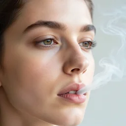 a french young woman smoking. bright lights. sharp focus. detailed eyes.
