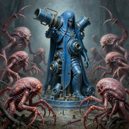 airbrushed draped blue steel machinery on puce mutant crustacean terrors in eldritch pit by jack kirby, kelly freas, geof darrow, alex ross, basil gogos, fine art masterpiece baked at 3 0 0 f, matte painting, cold lighting, aged with rtx plutonium, award winning horror, photorealistic render, cinematic