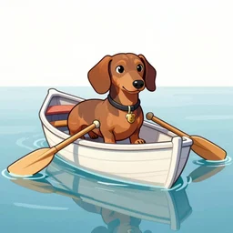 sketch of a cute dachshund on a rowboat, colored, very detailed, portrait, sea, reflective water, paddle