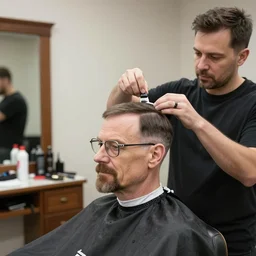 a man at a barber shop getting a trim in the shape of walter white, 3 5 mm