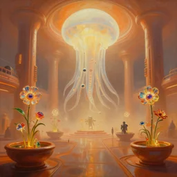dramatic perspective zaha hadid minimalist bioluminescent oil painting by donato giancola, chris foss, warm coloured, cinematic scifi luxurious futuristic foggy steam filled spaceport with giant bright translucent cephalopod cyborgs with microscopy stained glass flowers growing out of pretty bulbous ceramic fountains, gigantic pillars and flowers, maschinen krieger, beeple, the matrix, star wars, ilm, star citizen, mass effect, artstation, atmospheric perspective