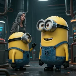 Beautiful minion in cyberpunk industrial powerplant looking at homeless Sasha grey featured on artstation, cinematic chiaroscuro, photorealistic, unreal engine