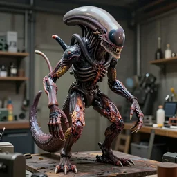 photo taken of an epic intricate, ultra detailed, super realistic gritty, hero prop, exquisitely painted animatronic movie prop of a grotesque wet, slimy nightmarish hellish alien creature displayed in the workshop, created by weta workshop, full body shot, photorealistic, sharp focus