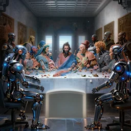 war, 13 diverse cyborgs on one_side of a reflective !cybernetic table, posing_as_last_supper, inticrate detailed glowing implants, highly detailed, dramatic lighting, electrical details, high details, beautiful lighting
