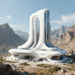 a concept art of a high - tech white building surrounded by mountains, sunny punk style