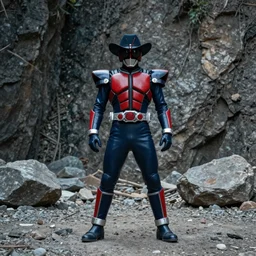 breakdancing Kamen Rider snake oil salesman b-boy cowboy standing in a rock quarry, single character full body, 4k, glowing eyes, rock quarry location, daytime, rubber suit, pvc armor, dark blue with red secondary color segmented armor, biomechanical, techno organic armor, ultra realistic, moody colors, ultra realistic, Beautiful Cinematography