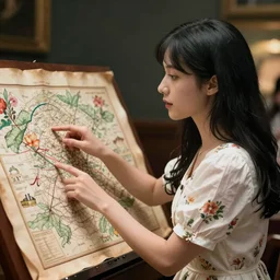 a woman with black hair and a white floral dress speaks in front of an audience pointing to an old map, photo - realistic