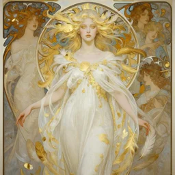 portrait of an ethereal woman with pale hair and gold eyes wearing a flowing white and gold gown surrounded by feather motifs in the style of ilya kuvshinov and greg rutkowski and alphonse mucha and kay nielsen and ross tran and artgerm, intricate, digital painting, concept art