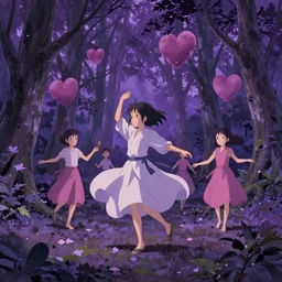 Movie poster artwork in purple by Michael Whelan and Yuji Hamada, Rendering of several lovely hearts dancing in a budhist forest, by Makoto Shinkai, Matte painting, trending on artstation and unreal engine