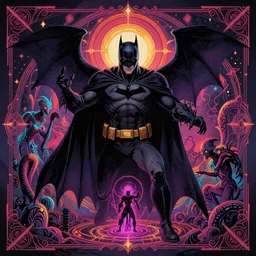 Batman, satanic evil grimdark disturbing summoning ritual, in psychedelic style of Midjourney, stylized, 8k high details, detailed and intricate, elegant, ornate, horror, elite, ominous, haunting, beautiful digital painting, cinematic, cgsociety, Zdiszlaw Beksinski, H.R. Giger, James jean, Noah Bradley, Darius Zawadzki, vivid colors and vibrant outlines