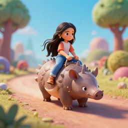rosalia riding a pangolin, colorful, contrast, depth of field, 3 d scene, render, greg rutkowski, zabrocki, karlkka, jayison devadas, trending on artstation, 8 k, ultra wide angle, zenith view, pincushion lens effect