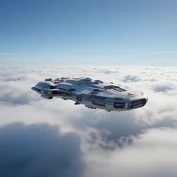 an alien ship hovers above a thick layer of clouds, blue sky above, sci-fi concept art, unreal engine 3d