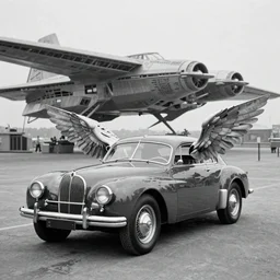 an oldie car with wings, cyber punk, starship in background, detailed, award winning, masterpiece, photograph, cinematic, black-white retro photo 1910