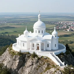 white mansion on a tall mountain, plains overlooking postsoviet city in the background