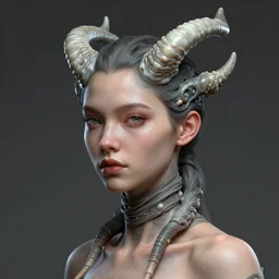 a detailed portrait beauty girl cyber shell like horns shaped hairstyle wrapping around neck, by greg rutkowski and hr giger, zbrush, trending on artstation : 1 h 1 0 2 4