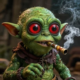 Gollum with big red eyes smokes blunt