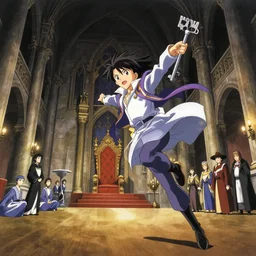 key anime visual portrait of a castle's main hall interior with throne, servants, nobles, designed by mika pikazo, dynamic pose, dynamic perspective and angle, cinematic, film grain, detailed, intricate, at night, dramatic lighting