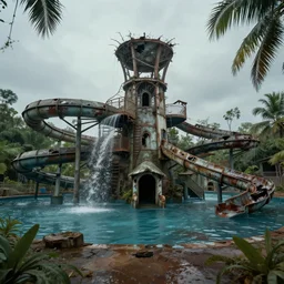 a abandoned creepy and wet water park, hyperrealistic, concept art, octane render, unreal engine 5, path tracing, soft lighting, ruined, high quality, highly detailed, 8 k, complementary colors, cgsociety