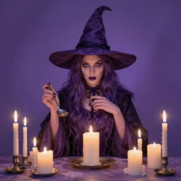 portrait of a purple witch, with many candles, by nikolay makovsky.