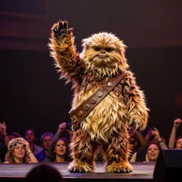 wicket the ewok on stage with snoop Dogg waving his hand at the crowd