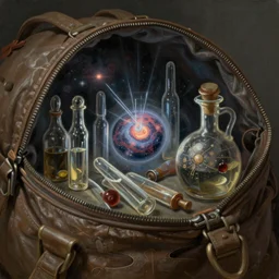 universe  inside ampoules and alambics in a surreal ancient doctor's bag, intricated detailed, soft painting, depth of field, trending on artstation, 8k, hd, highly detailed, unreal engine 5, artstation, shaders, rays