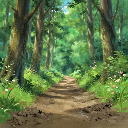 deep muddy forest on a sunny day walkway panorama, blooming, animation background painting gouache by makoto shinkai pixar disney kyoto animation