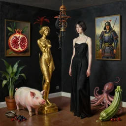 realistic painting of a luxurious female artist's apartment, black dripping walls, tall emo girl, gold sculpture, a pig, a samurai, paintings on black walls, pomegranate, bromeliads, tusks, octopus, a courgette, berries, zen, sensual, surrealist painting by magritte and rousseau and kahlo