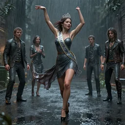 3 d unreal engine octane render of miss of the world dancing in the rain, expressive, passionate, by conrad roset and by greg rutkowski and by leonid afremov and by basquiat