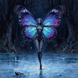 a tall slender butterfly priestess made of shattered hopes and mystical dreams, grimdark fantasy painting of a cosmic butterfly on a shadowed forest background. a fursona of a butterfly goddess dancing on a frozen lake in the darkness void realm. a painting in neon inks, by wayne reynolds, by claude monet, by carl critchlow, by piet mondrian